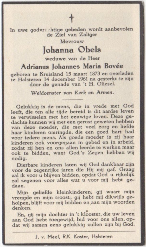 Johanna Obels 1873 Kruisland + 1961 Halsteren, 88 jaar, Verzenden