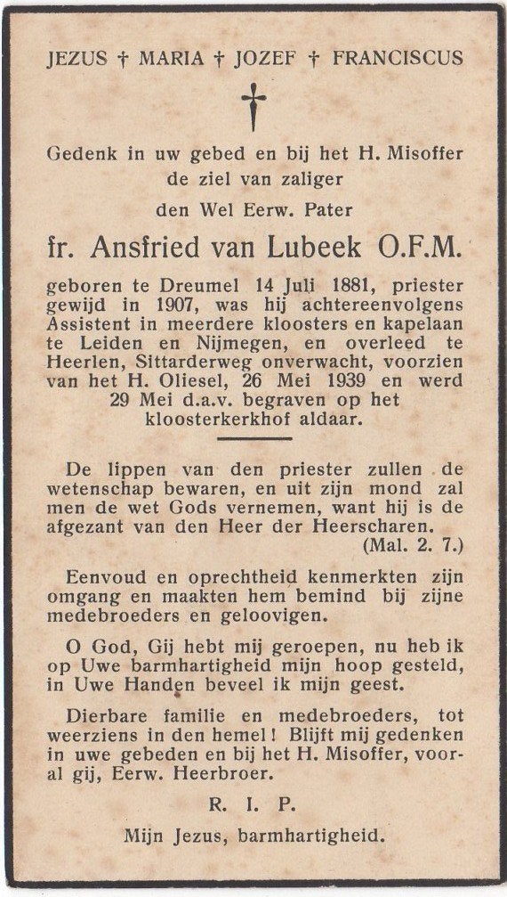 frater Ansfried van Lubeek 1881 Dreumel + 1939 Sittard 57 jr, Verzamelen, Bidprentjes en Rouwkaarten, Verzenden