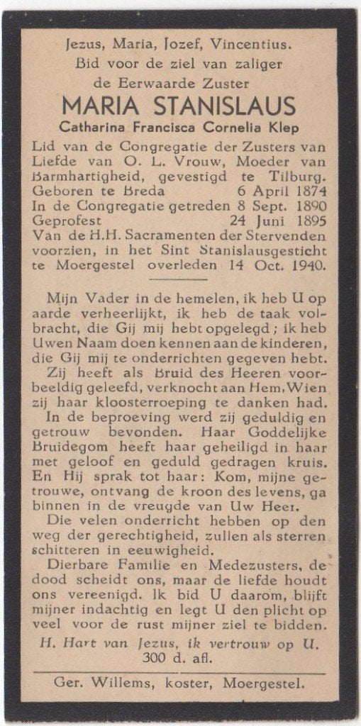 zr. Catharina F.C. Klep 1874 Breda + 1940 Moergestel, 66 jr, Verzamelen, Bidprentjes en Rouwkaarten, Verzenden