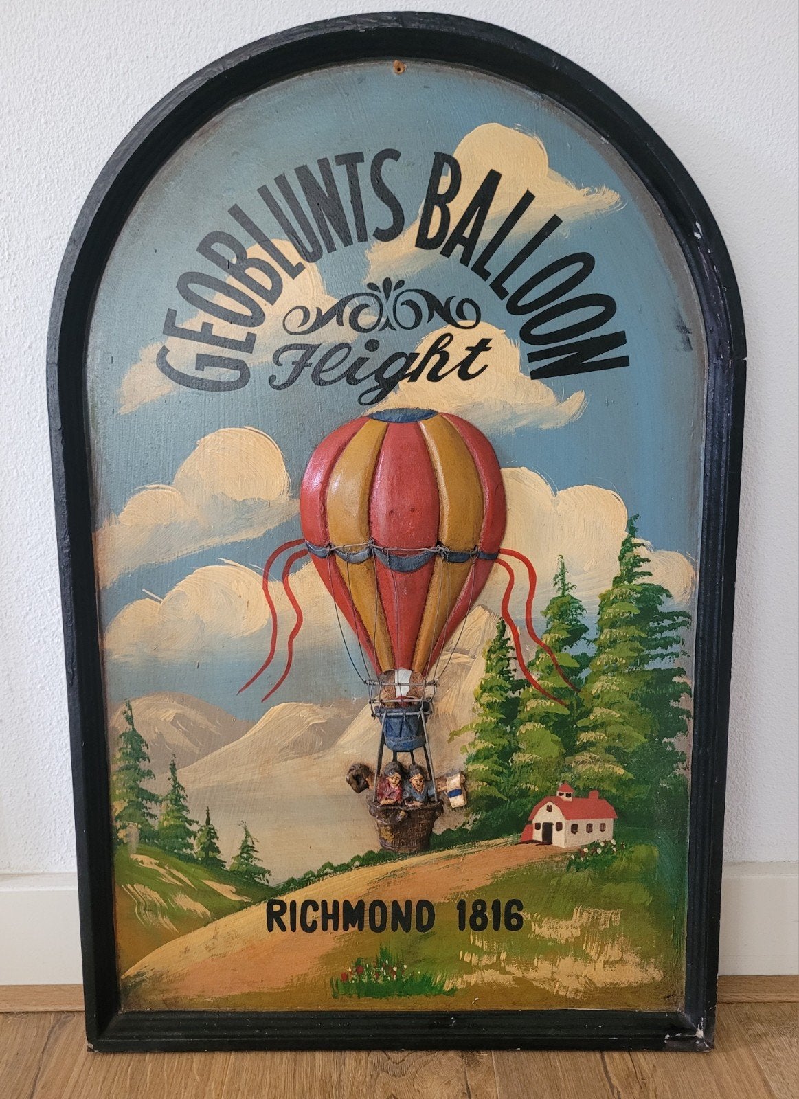 Vintage houten pubbord van de 1e ballonvaart, Antiek en Kunst, Curiosa en Brocante, Ophalen
