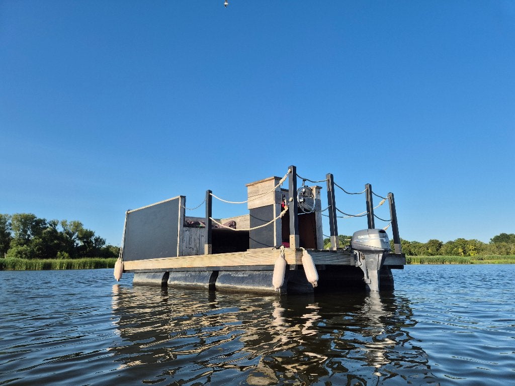 Houten vlot boot 5 meter geschikt voor ca. 9 personen, Watersport en Boten, Overige merken, Gebruikt, Buitenboordmotor, 5 m