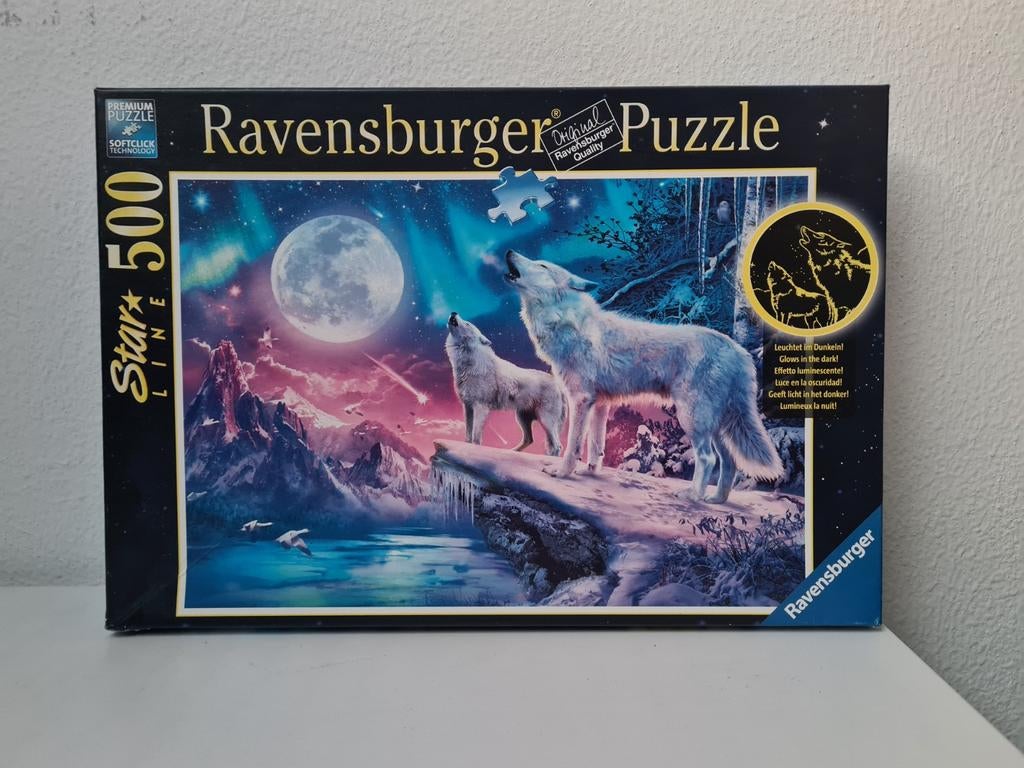 Ravensburger puzzel 500 stuk - huilende wolven -glow in dark, Hobby en Vrije tijd, Denksport en Puzzels, Ophalen of Verzenden