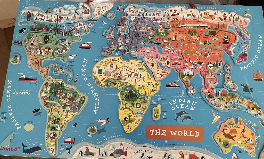 Janod Wooden World Map Puzzle – Educational Toy, Ophalen, 500 t/m 1500 stukjes, Zo goed als nieuw