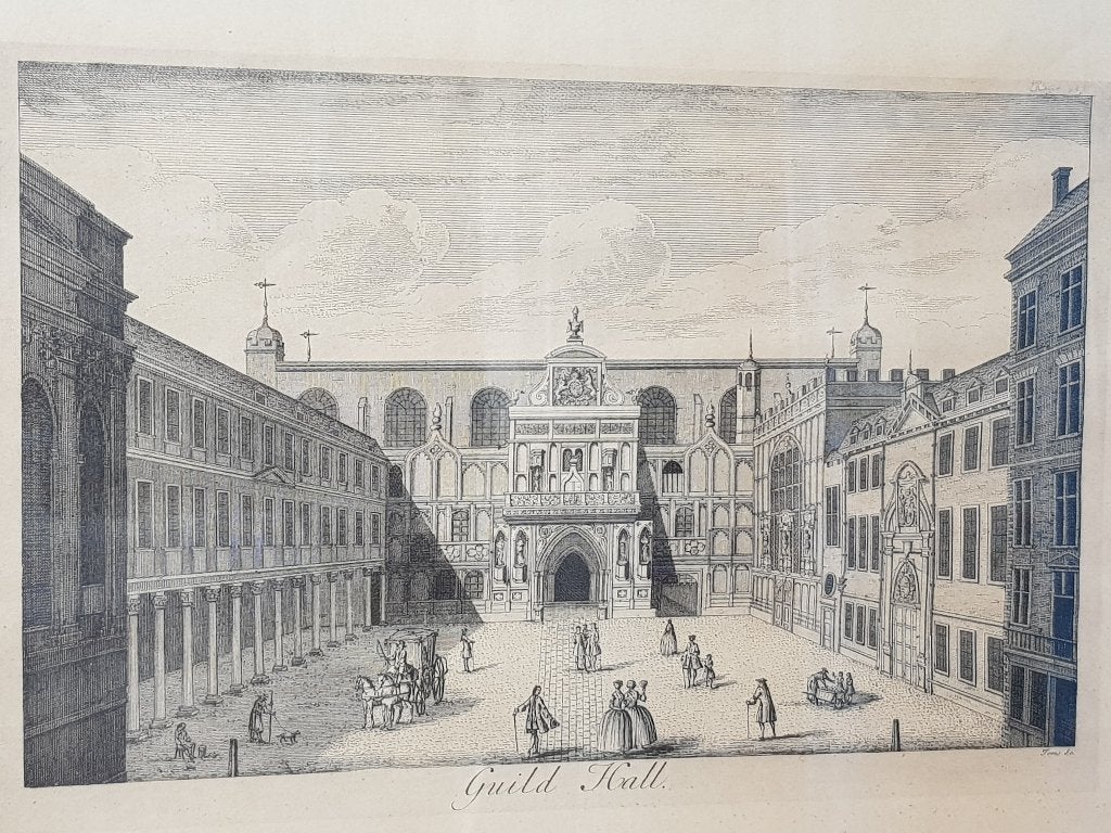 Guild Hall mooie antieke ingelijste gravure uit Engeland., Ingelijst, 1800 - 1899, Stadsgezicht, Ophalen of Verzenden