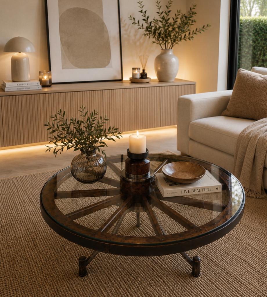 Mooie authentieke karrewiel salon tafel doorsnee 100cm, Ophalen