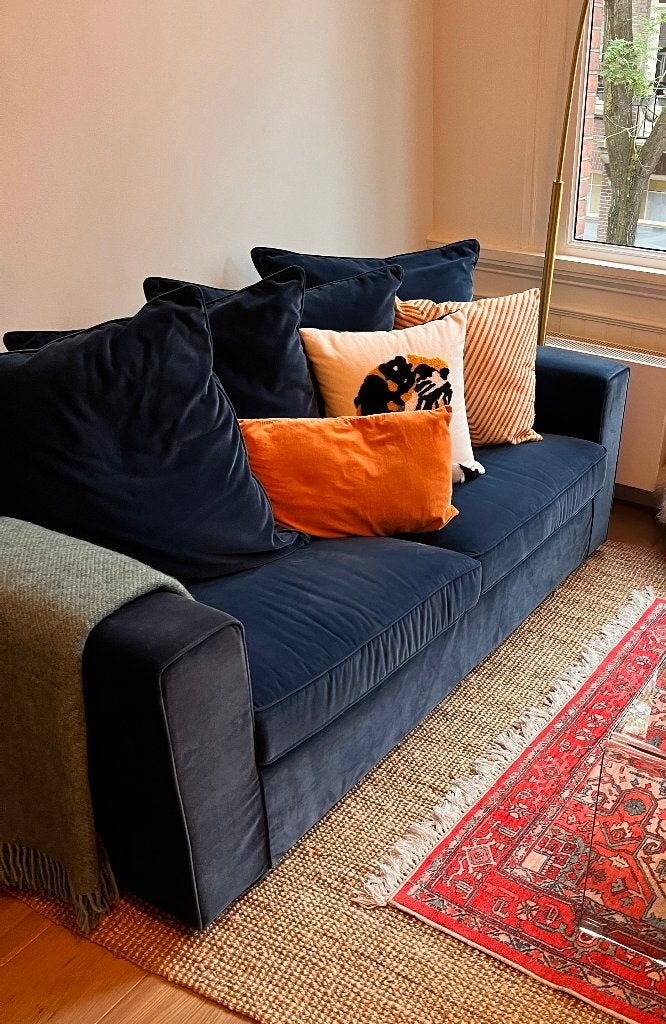 Luxe 2.5-zits bank blauw fluweel, Ophalen, 150 tot 200 cm, Tweepersoons, 75 tot 100 cm
