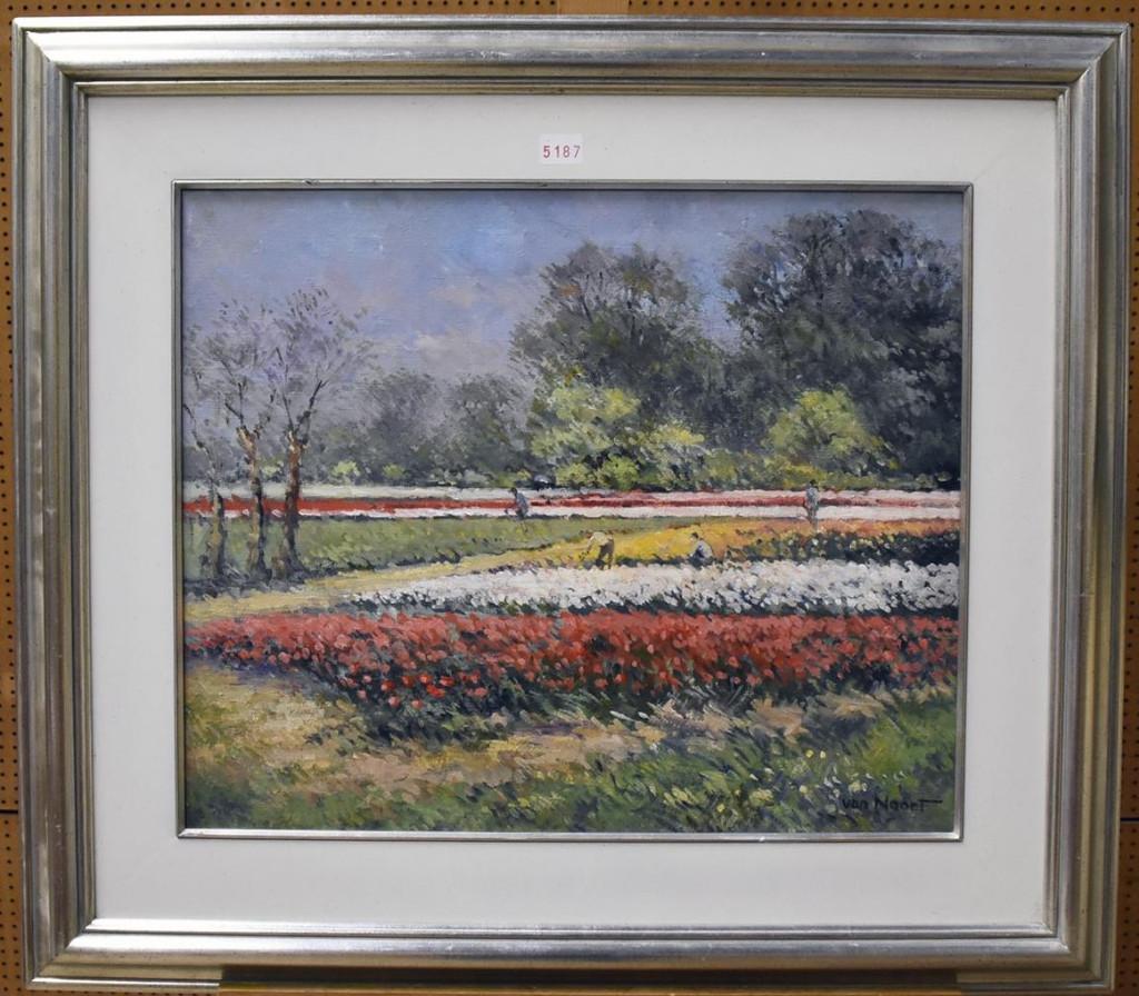 Arie Cees van Noort (1914) Olie Doek "Bloembollenveld" Ges, Ophalen of Verzenden