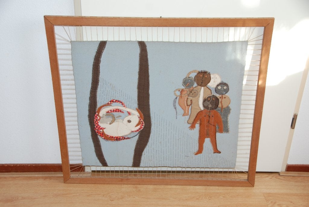 Retro wandkleed jaren 70 in houten frame geboorte vintage, Ophalen, Huis en Inrichting