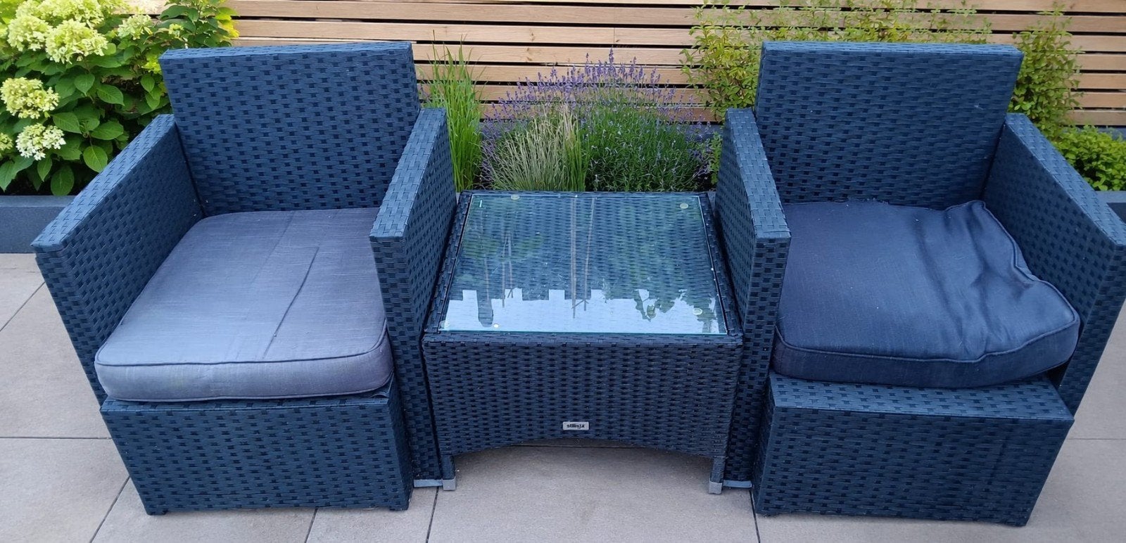 2 stoelen met tafel en kussens, Tuin en Terras, Gebruikt, Bijzettafel, Loungeset, Wicker
