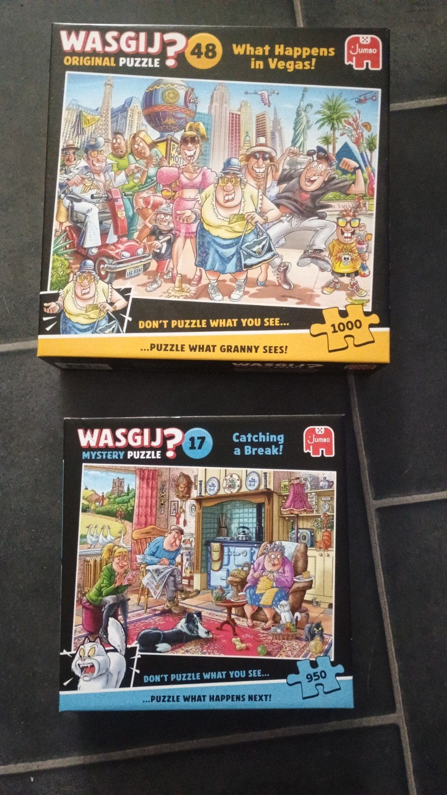 2 puzzels WasGij? 48 what happens in Vegas. 17 kabaal in de, Ophalen of Verzenden, 500 t/m 1500 stukjes, Zo goed als nieuw, Legpuzzel