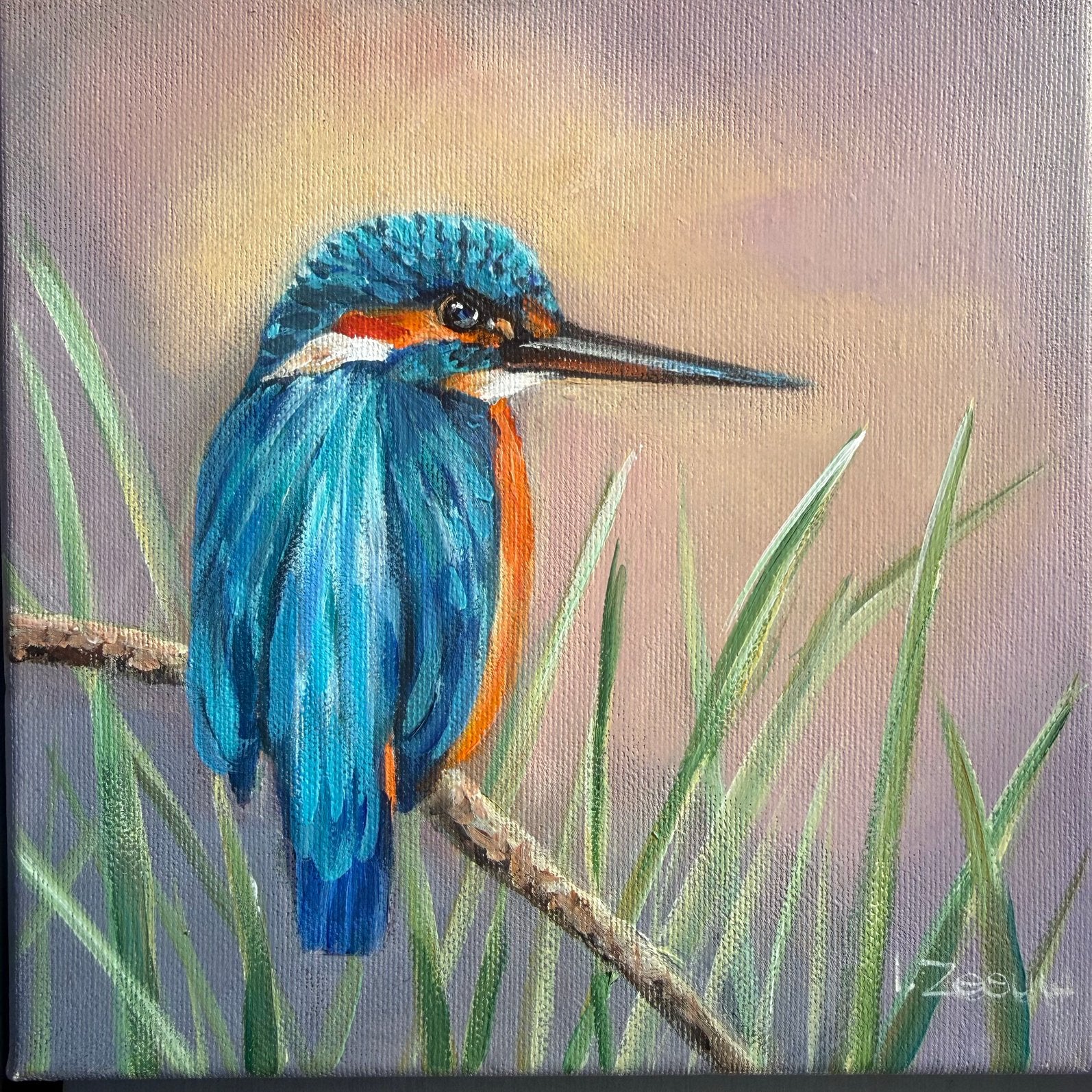 Schilderij ijsvogel uit eigen atelier, Antiek en Kunst, Acrylverf, Ophalen of Verzenden, Dieren, Handgeschilderd