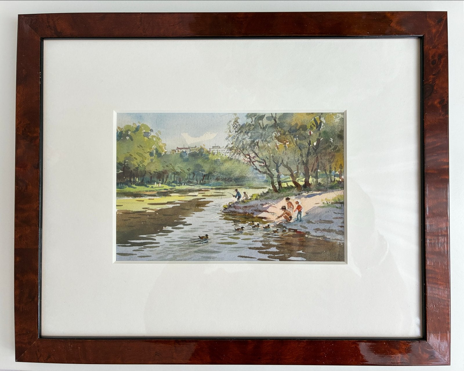 Impressionistisch Aquarel: Rivierscène met Kinderen en Eende, Ophalen of Verzenden, Schilderij, Aquarel, Ingelijst