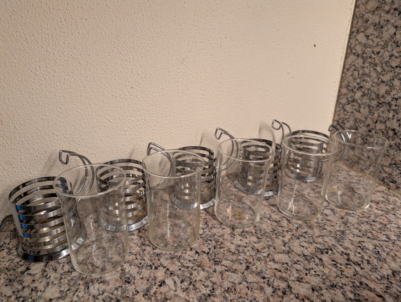 Set van 5 glazen met metalen houders, Ophalen, Zilver, Glas, Overige typen