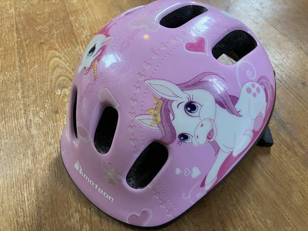 Roze kinderfietshelm met eenhoorn design, XS, Gebruikt, Meisje, Meteor