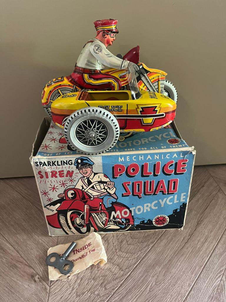 Blikken motorfiets USA zijspan met doos antiek MARX TOYS, Antiek en Kunst, Antiek | Speelgoed, Ophalen
