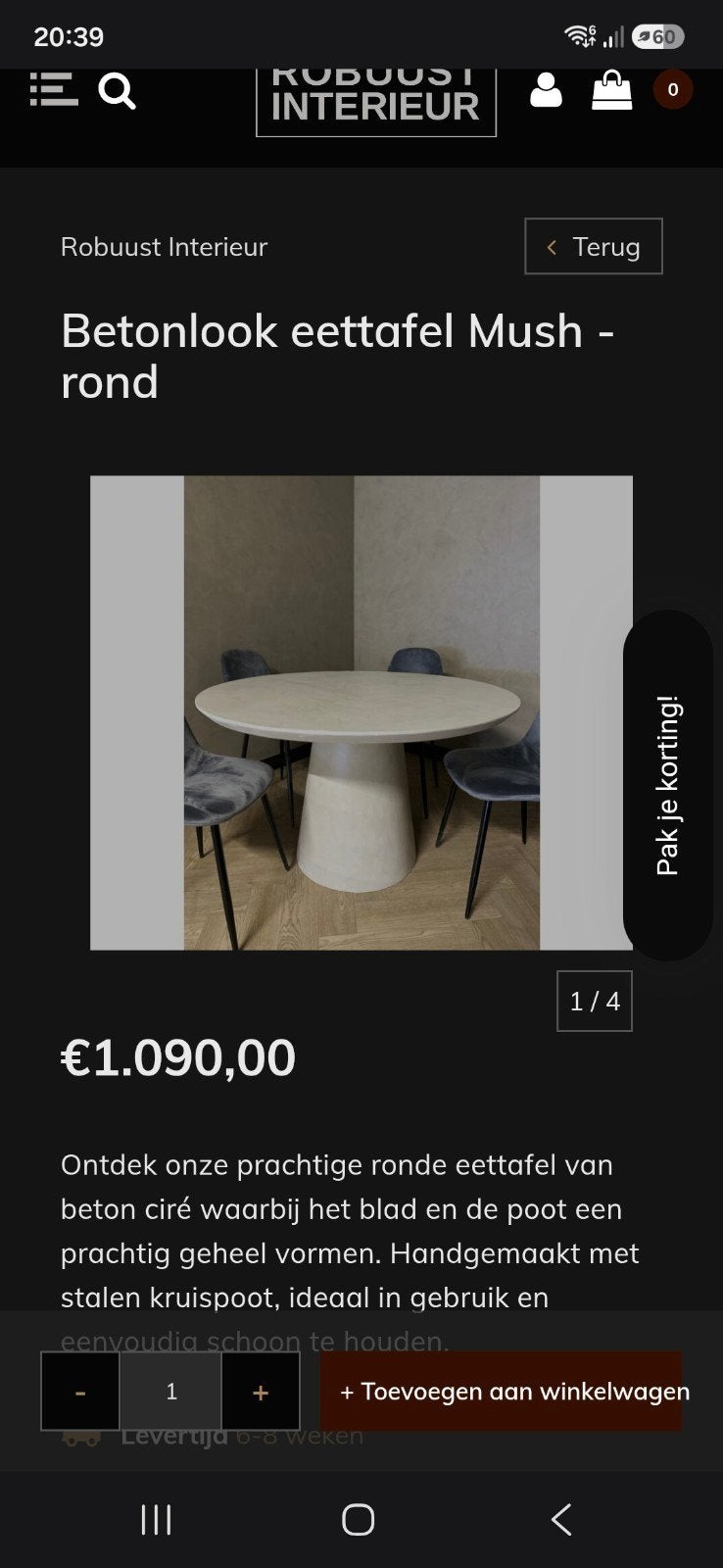 ronde eettafel van Beton Ciré in zandkleurig betonlook, Ophalen