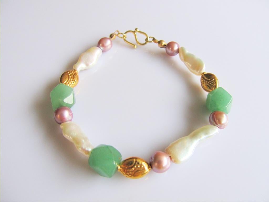 Armband Nigella parels biwa-rond-aventurijn-kralen goud, Ophalen, Met bedels of kralen, Wit, Nieuw