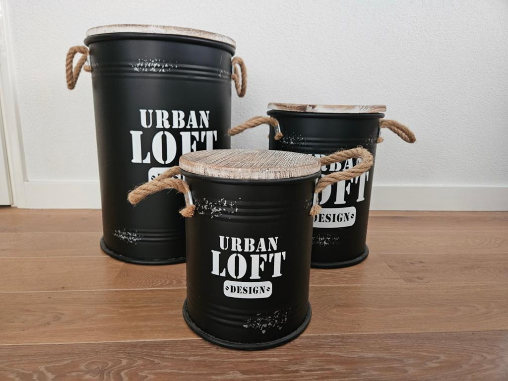 Set van 3 decoratieve opbergtonnen, Ophalen, Zwart, Zo goed als nieuw, Metaal