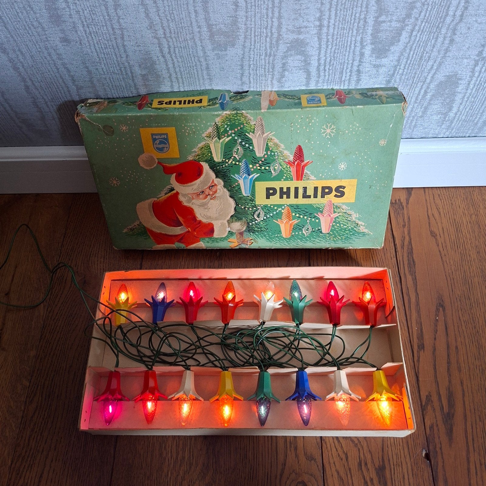 Antieke Philips kerstverlichting met denneappel lampjes, Diversen, Kerst, Ophalen of Verzenden, Gebruikt