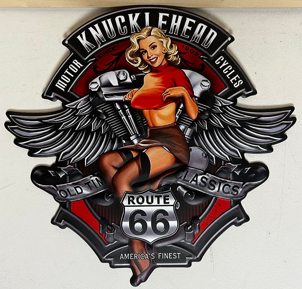 Knucklehead motor pinup reclamebord van metaal wandbord deco, Info@deconoord.nl, Deco Noord, Nieuw, Ophalen of Verzenden