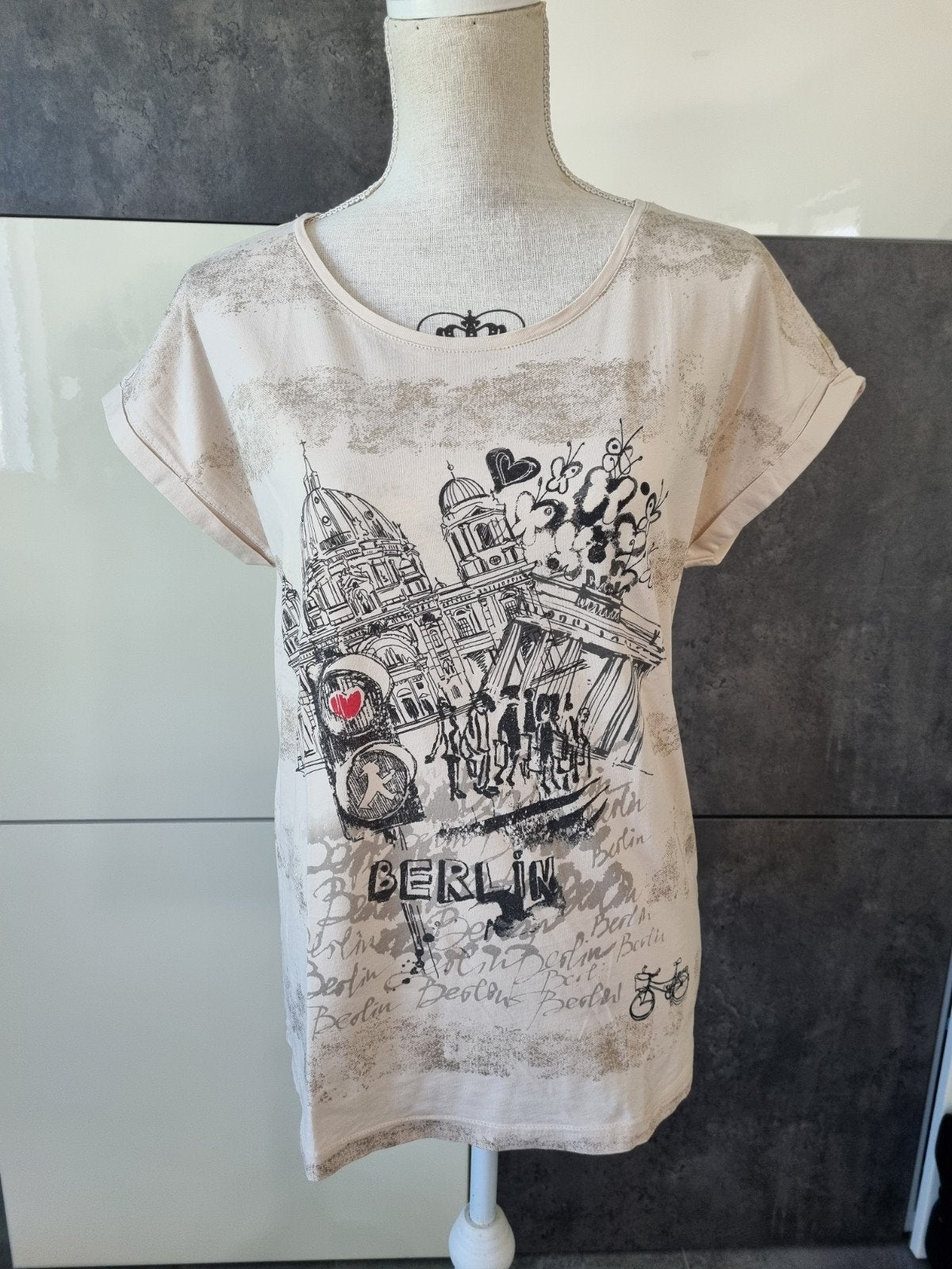Taifun shirt maat 38 met leuke print en korte mouwen, Kleding | Dames, T-shirts, Maat 38/40 (M), Beige, Ophalen of Verzenden, Zo goed als nieuw