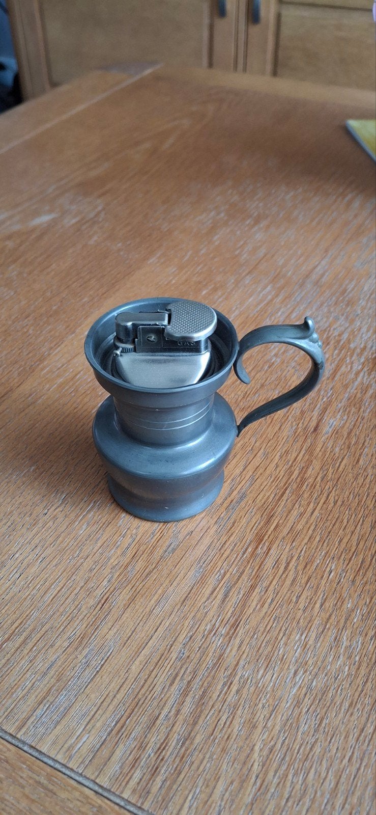 Antieke tinnen aanstekerhouder met aansteker, Antiek en Kunst, Ophalen of Verzenden