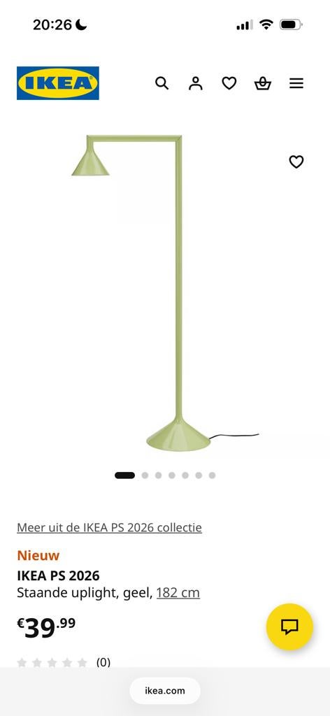IKEA PS 2026 Staande Uplight, Geel, 182 cm, Ophalen, Nieuw, Metaal, 150 tot 200 cm