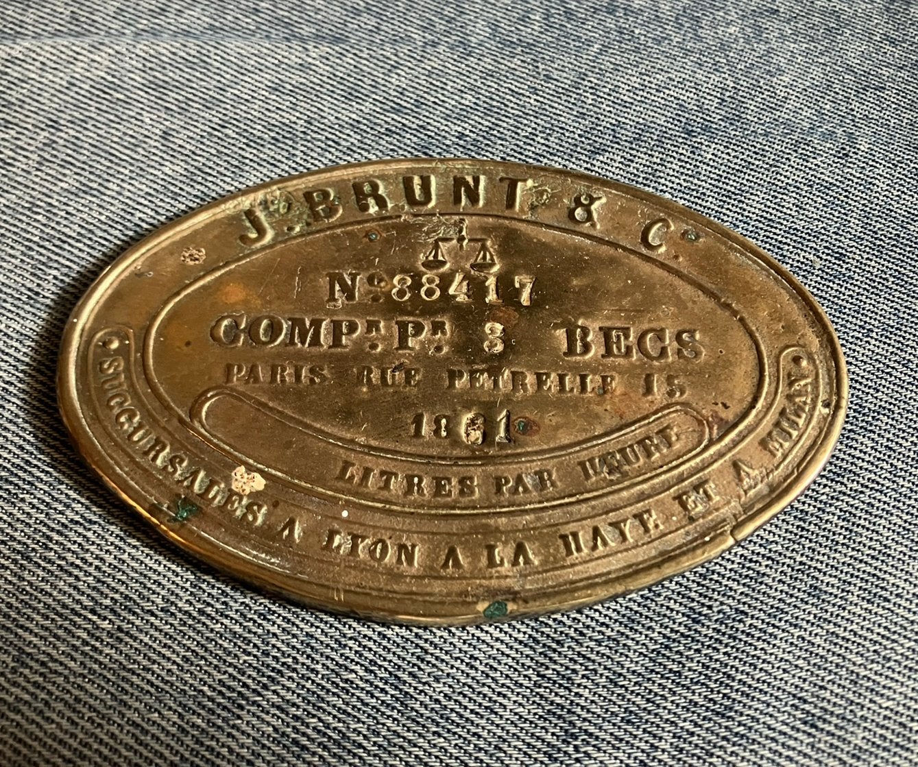🔴 UNIEK Antiek Messing Gasmeter Plaat J. Brunt Parijs Frans, Ophalen of Verzenden