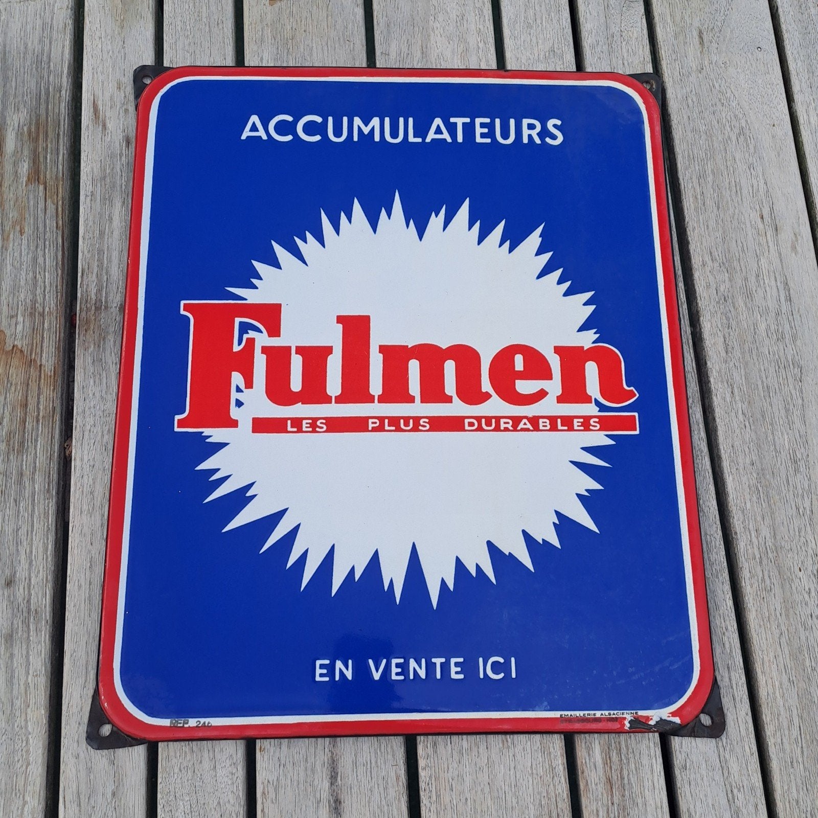 fulmen accu's 38x32cm emaille reclamebord, Ophalen of Verzenden, Gebruikt, Reclamebord