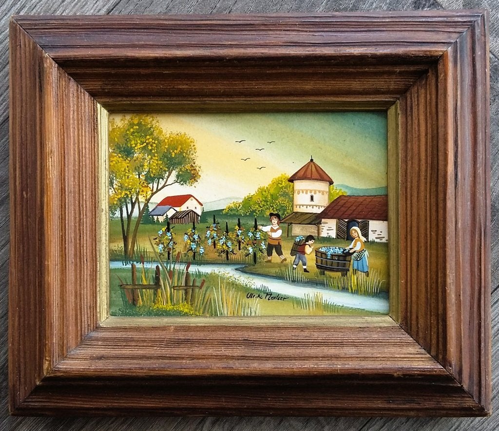 Jaren 90 MINIATUUR Schilderij Druivenoogst Ulrike Platzer, Paneel, Overige stijlen, Ophalen of Verzenden, Gesigneerd