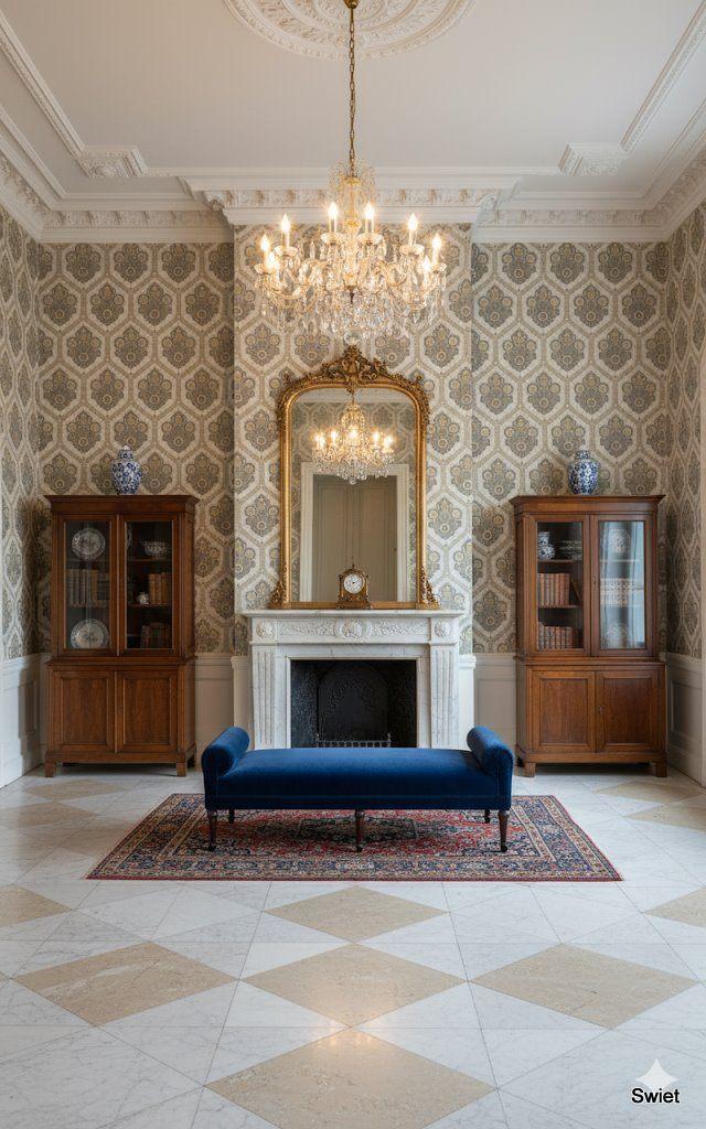 14088 Klassiek barok behang in blauw goud en beige swiet, Verzenden, Minder dan 10 m², Beige