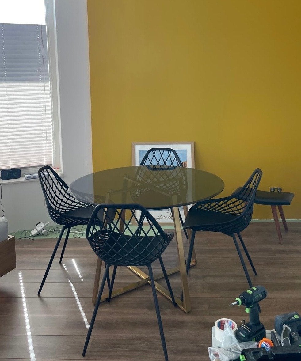 Ronde glazen eettafel met 4 stoelen, Ophalen, 100 tot 150 cm, Rond, Vier personen