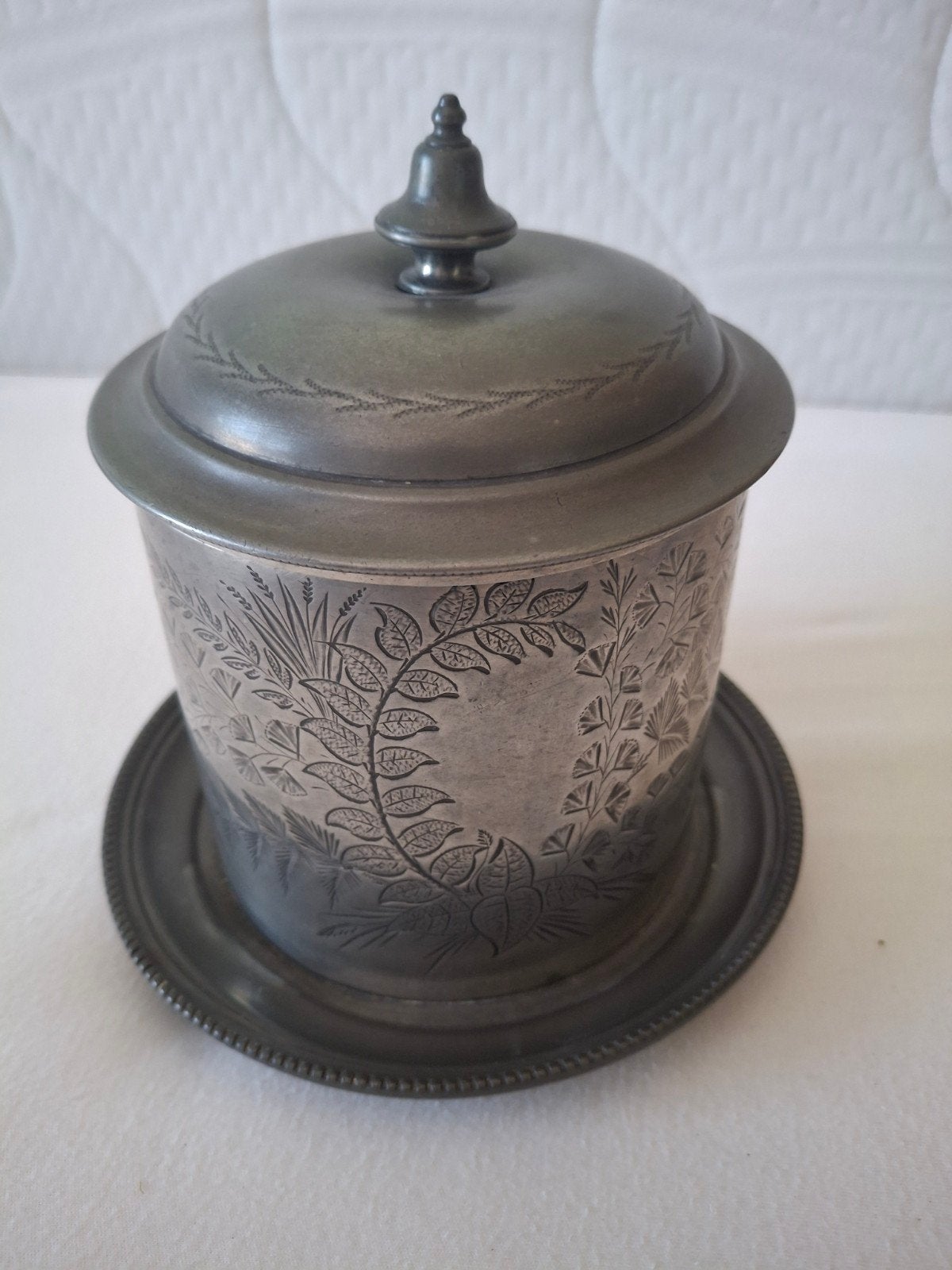 Antieke tinnen tabaksdoos met schotel en deksel - 19e eeuw d, Antiek en Kunst, Antiek | Tin, Ophalen of Verzenden
