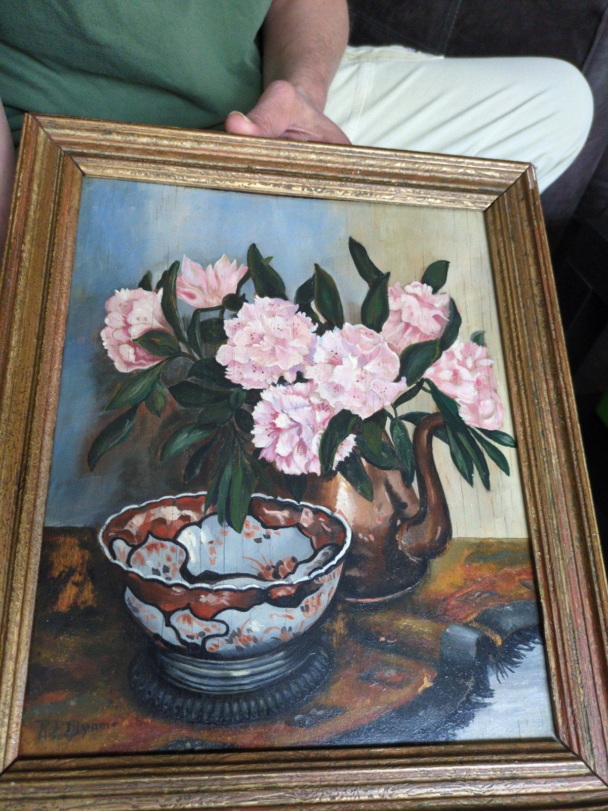 Schilderij met Roze Bloemen en Kom - Gesigneerd, Ophalen