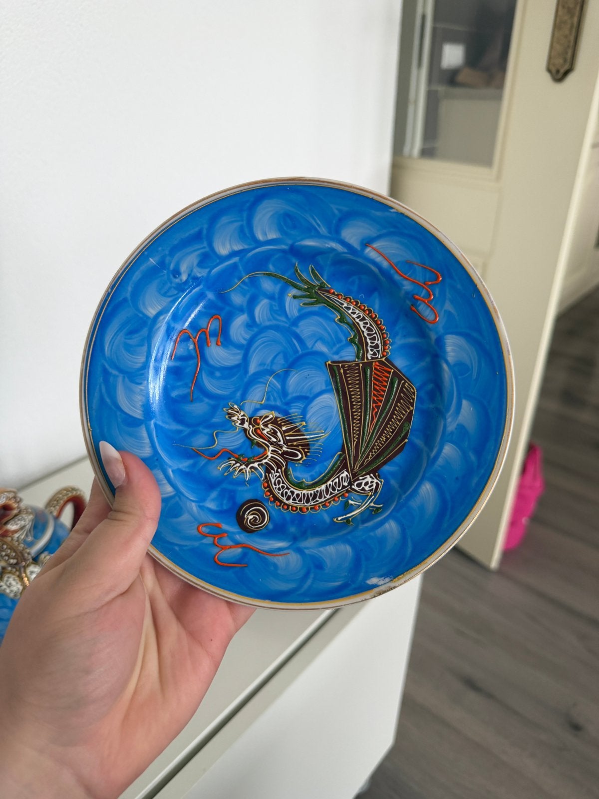 Blue dragon Ware Kutani Moriage Lithophane Tea set, Ophalen