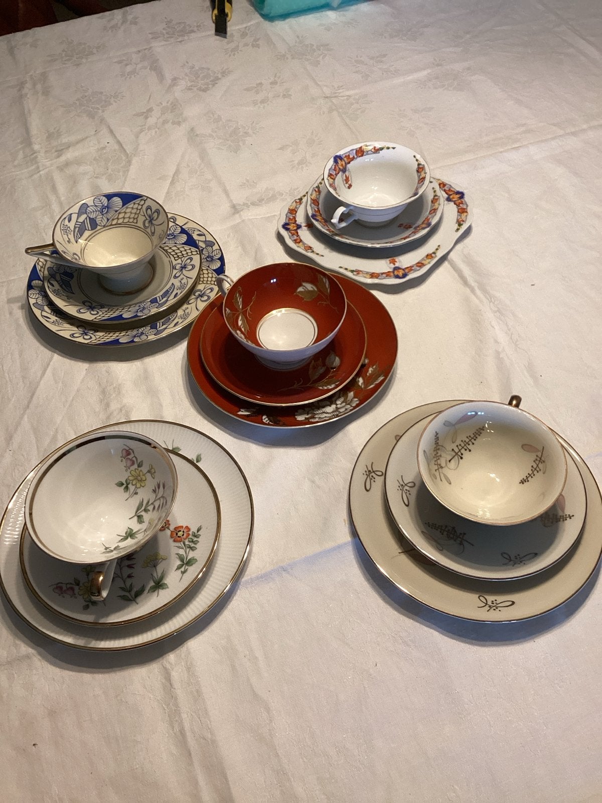 5 Vintage Porseleinen ontbijtset; bord, kop en Schotels, Antiek en Kunst, Ophalen of Verzenden