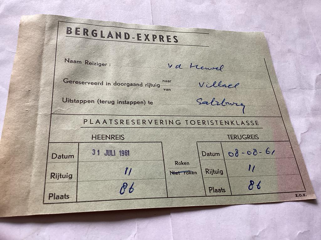 Oude Bergland-Expres Trein Reservering 1961, Ophalen of Verzenden, Gebruikt, Trein, Kaart of Prent