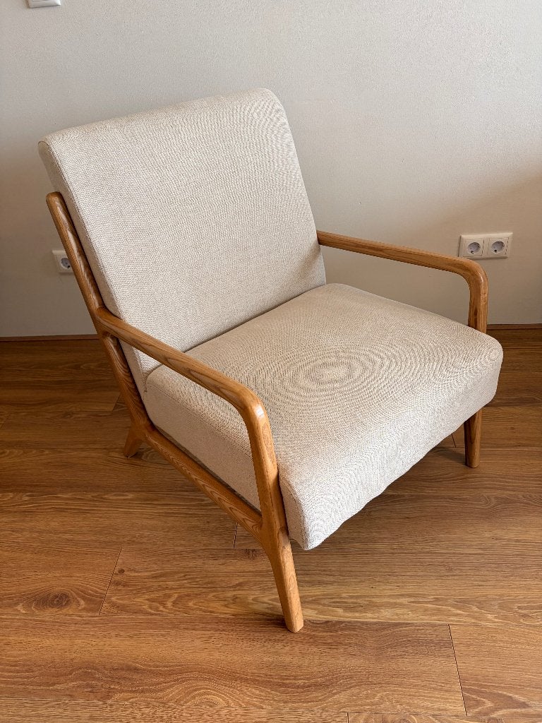 Zara Home essenhouten linnen fauteuil – beige – designstoel, Huis en Inrichting, Stoelen, Ophalen, Wit, Zo goed als nieuw, Stof