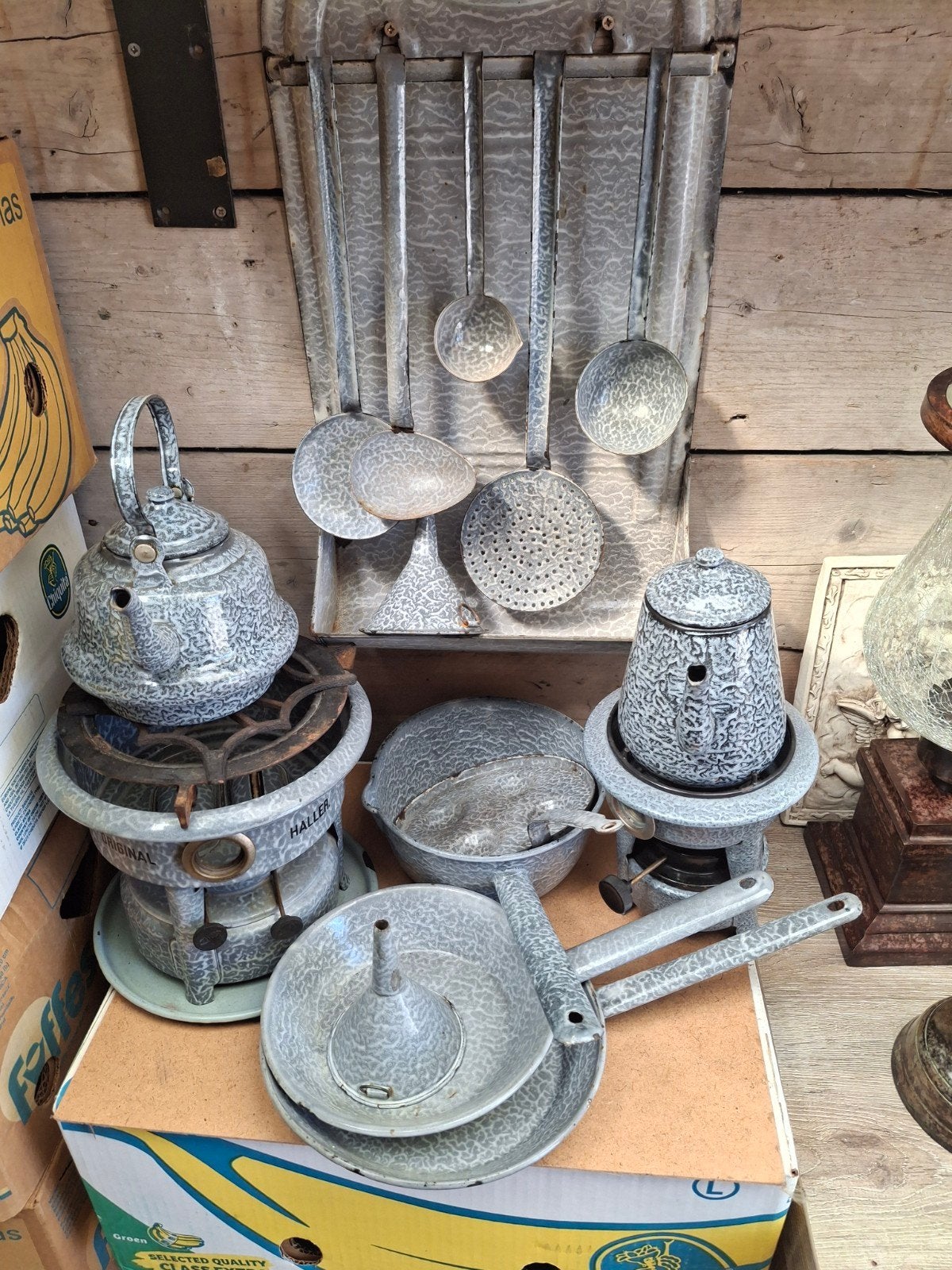Vintage geëmailleerde keukenset - grijs gespikkeld, Antiek en Kunst, Ophalen of Verzenden