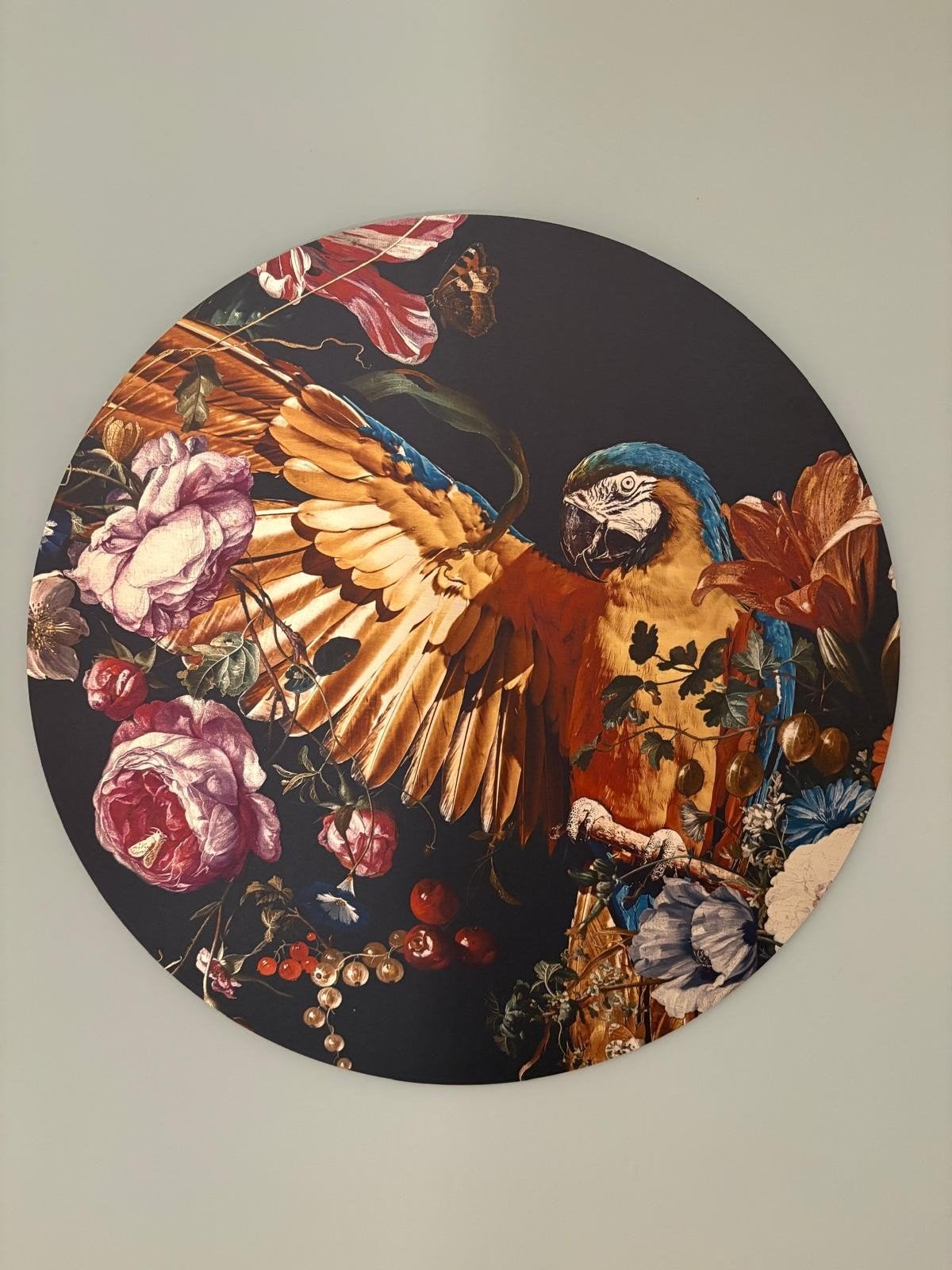 Rond Schilderij Papegaai en Bloemen, Ophalen, Metaal