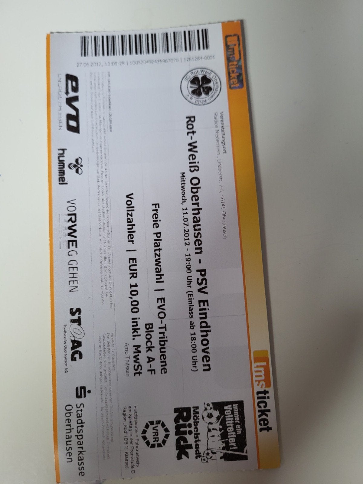 Ticket Rot Weiss Oberhausen-PSV 2012-2013, Verzamelen, Verzenden, Zo goed als nieuw, PSV, Overige typen
