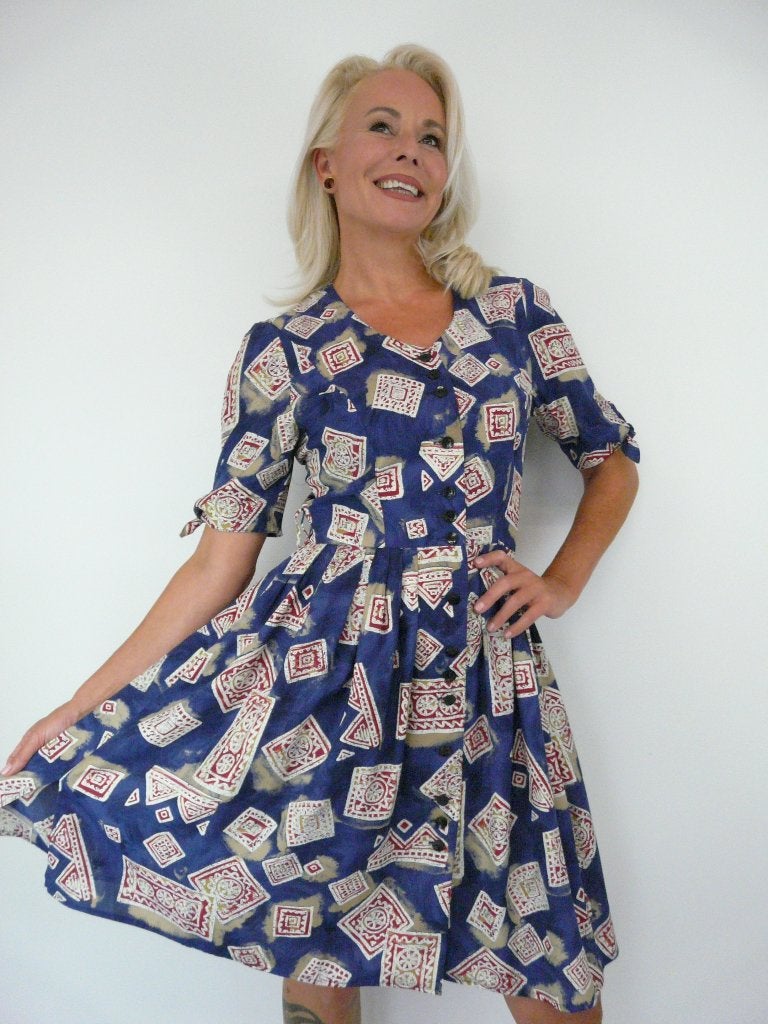 *Abfab Vintage Print Doorknoop Jurk 38*, Maat 38/40 (M), Blauw, Ophalen of Verzenden, Zo goed als nieuw