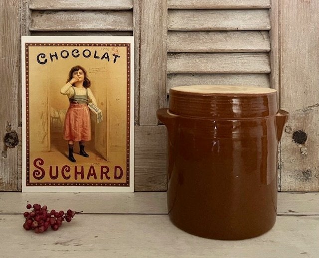 Vintage Franse grès pot olijven pot met deksel bruin glazuur, Ophalen of Verzenden