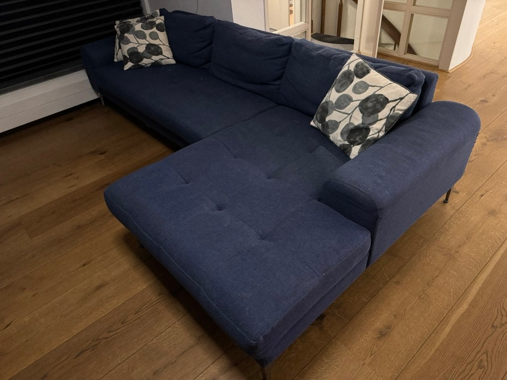 GRATIS VANDAAG Blauwe stoffen bank 2.60cm lang goede staat, Huis en Inrichting, Ophalen, 250 tot 300 cm, Gebruikt, 125 tot 150 cm