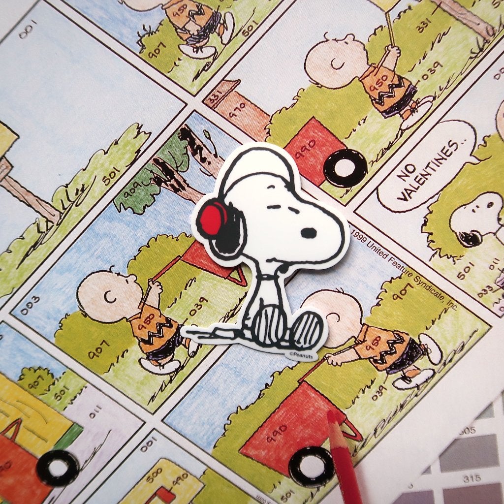 Snoopy en Woodstock van Peanuts strips Koptelefoon Sticker, Verzamelen, Stripfiguren, Verzenden, Snoopy, Nieuw, Plaatje, Poster of Sticker