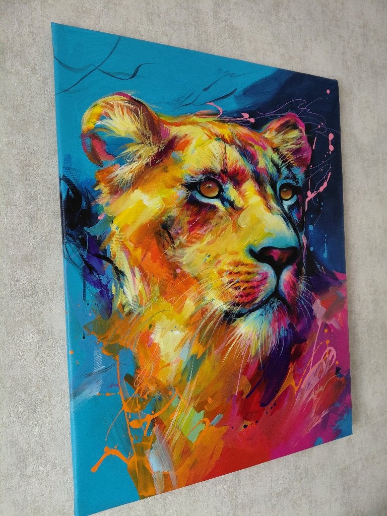 Acrylschilderij van Galya Bukova : Lioness 80 x 60 cm, Ophalen of Verzenden, Acrylverf, Dieren
