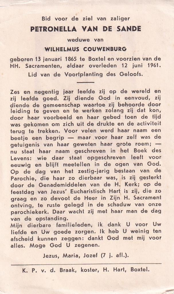 Sande Petronella 1865 Boxtel 1961, Ophalen of Verzenden, Bidprentje