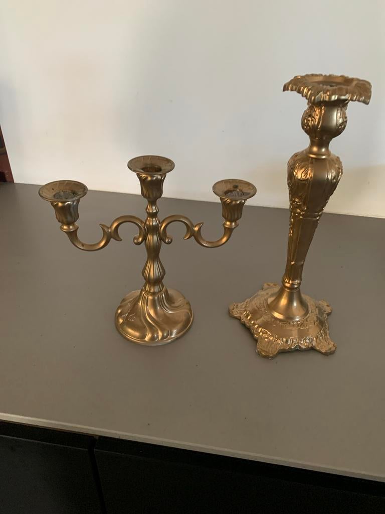 Set van 2 gouden kandelaars, vintage stijl, Antiek en Kunst, Antiek | Kandelaars, Ophalen of Verzenden, Koper of Brons