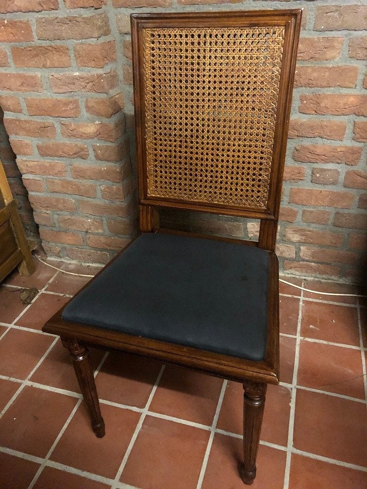 6x Eichholtz stoelen – dubbele rieten rug zwarte stoffen zit, Ophalen, Gebruikt, Bruin, Eichholtz
