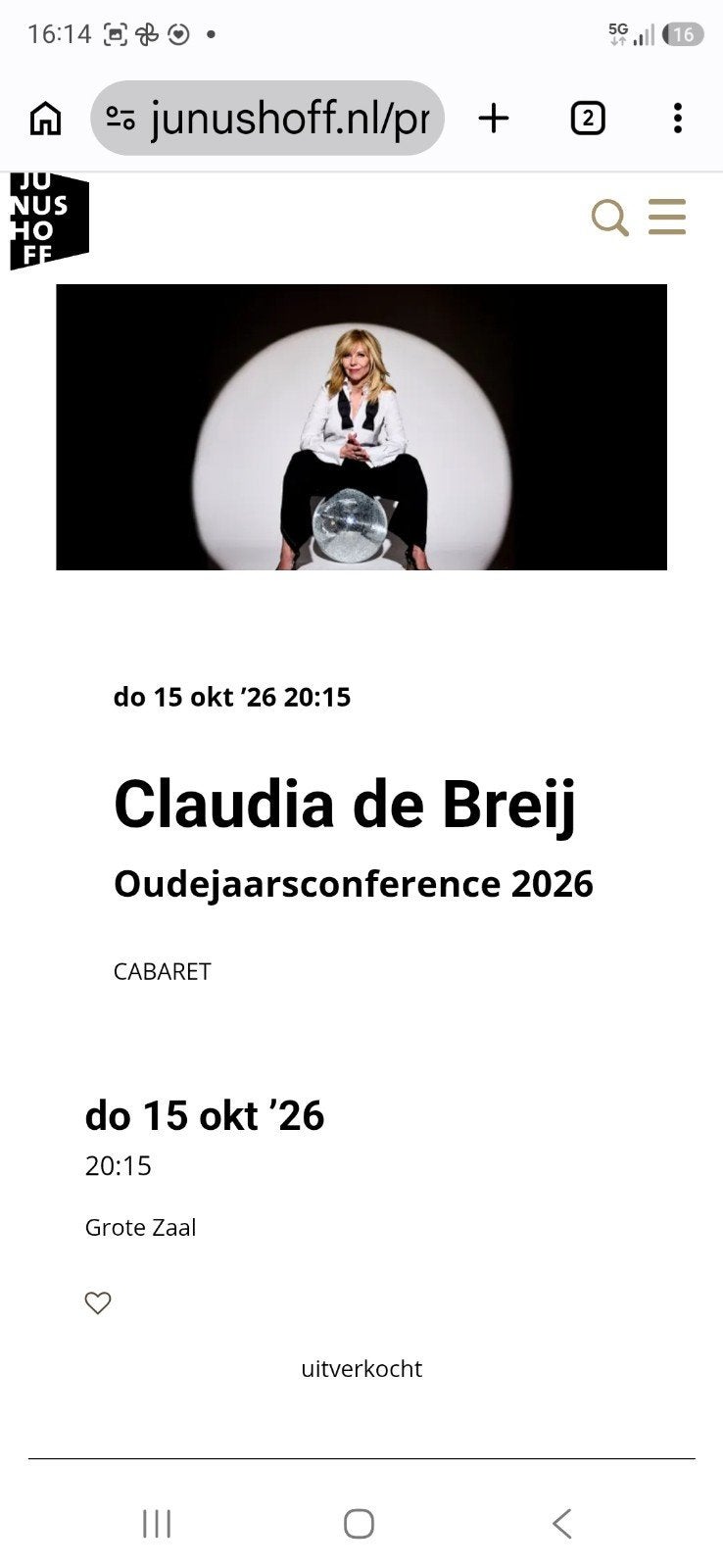 Claudia de Breij 2 tickets do 15 okt.
do 15 okt ’26 20, Twee personen, Oktober